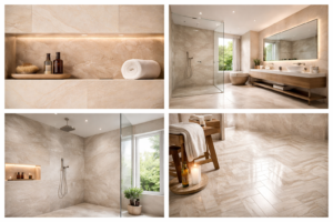 Luxury Italian bathroom tiles featuring marble-effect walls, walk-in shower, modern vanity, and textured floor design