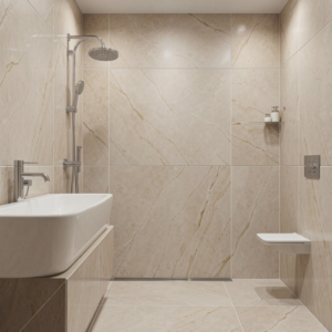Modern bathroom with Italian marble-effect tiles, walk-in shower, wall-mounted sink and seamless large-format tile design